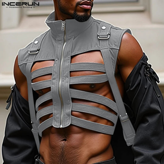 INCERUN 2024 Mens Tops Stylish Hot Sale Deconstruction Design Vests Sexy Male Personality Hollow Solid Cropped Zipper Waistcoats Festival Outfits | Techno Shirts | Rave Clothing