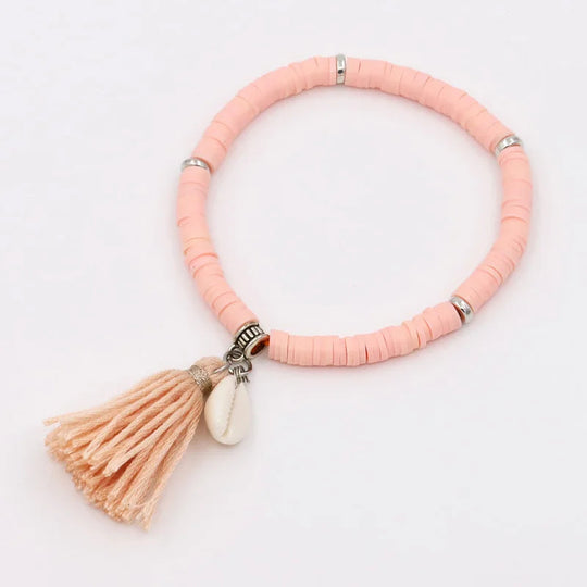 Handgemachte Schmuck Boho Armbänder für Frauen Mode Bunte Polymer Clay Perlen Shell Quaste Armband Geschenke für Weibliche Mädchen Festival Outfits | Techno Shirts | Rave Clothing