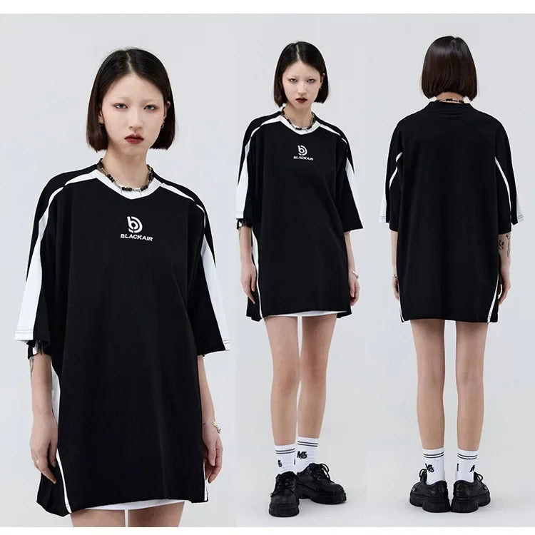 Vintage Gespleißte Schulter Kurzarm T-Shirt Männer Frauen Sommer Streetwear Oversize Paar Lose-Fit Top Rundhals Material Festival Outfits | Techno Shirts | Rave Clothing