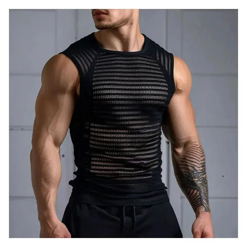 Men's Leather Stitching Net Shirt Motorcycle Leather Vest Top Sexy See-through Hooded Vest Muscular Men Fitness Vest Tank Top Me Festival Outfits | Techno Shirts | Rave Clothing