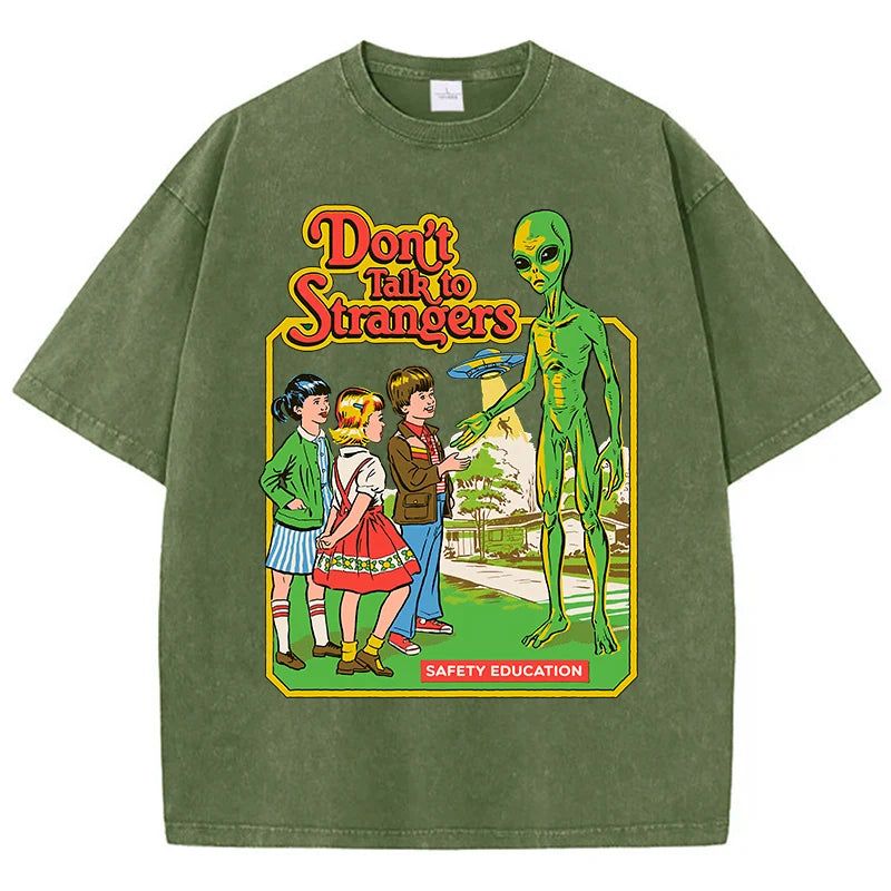 Cartoon Alien Klassische Kommunikation Druck Frauen T-shirt Atmungsaktive Baumwolle Kurzarm Gewaschen Vintage Abgenutzt Weibliche T Shirts Festival Outfits | Techno Shirts | Rave Clothing