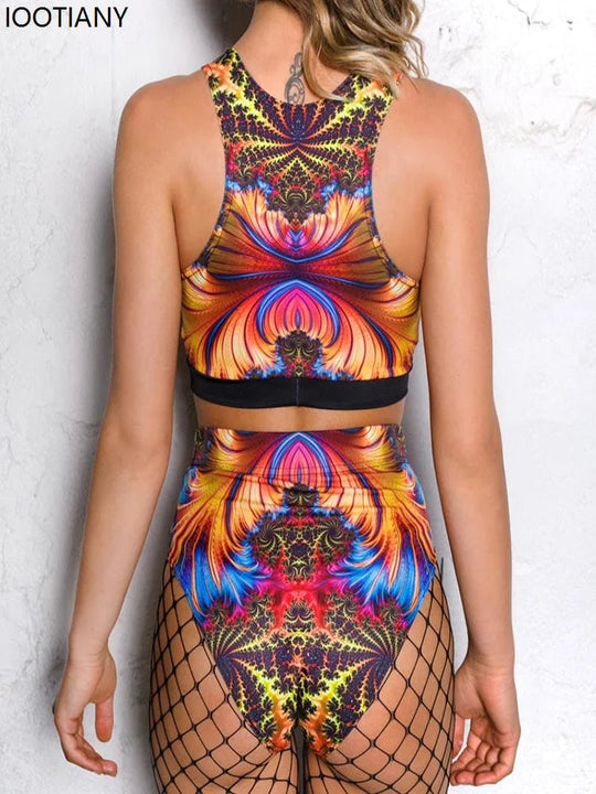 Halloween Schädel drucken Cosplay Kostüm Frauen sexy Schädel Nabel Top Shorts Festival Party bunte psyche delische Dress Up Rave Outfit Festival Outfits | Techno Shirts | Rave Clothing