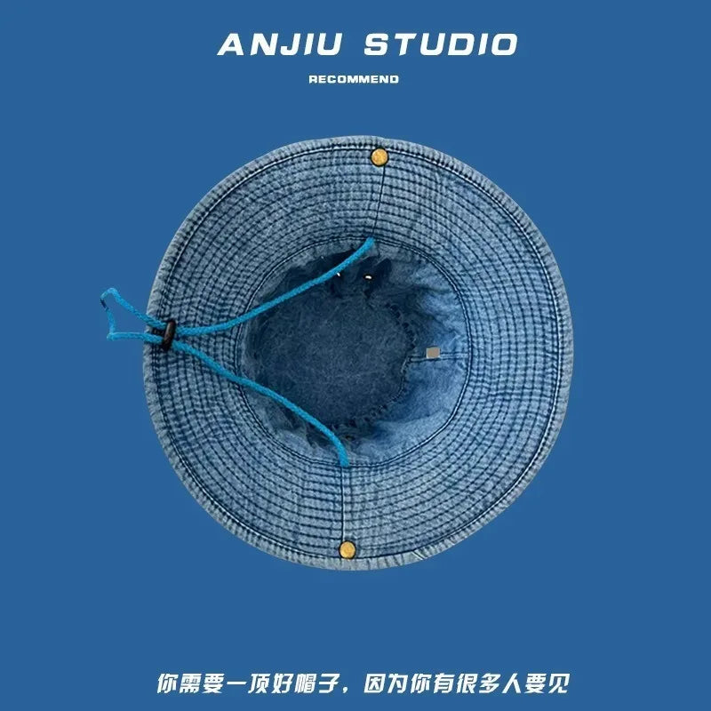 2025 Blaue Cowboy-Wander-Eimerhüte mit Schnur, Herren-Denim-Strand-Sonnenhut für Damen, Outdoor, Paar, Bob, Panama, Sommer-Fischerkappe Festival Outfits | Techno Shirts | Rave Clothing