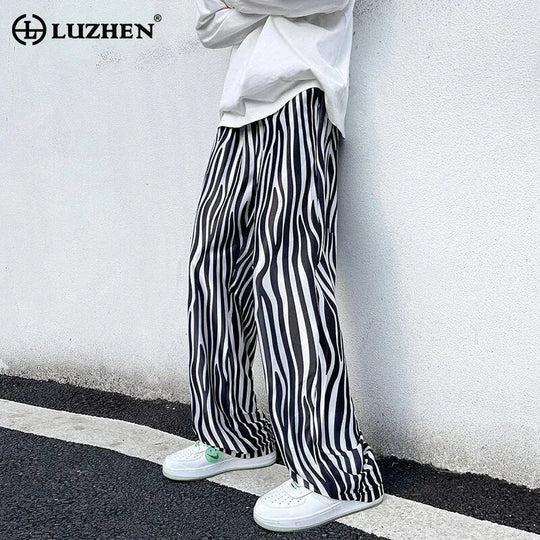 LUZHEN 2025 Sommer Farbe Kontrast Streifen Gedruckt Eis Seide Casual Hosen männer Hohe Qualität Gerade Elastische Taille Hose JY1307 Festival Outfits | Techno Shirts | Rave Clothing