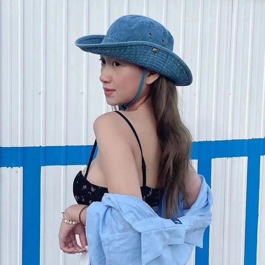 2025 Blaue Cowboy-Wander-Eimerhüte mit Schnur, Herren-Denim-Strand-Sonnenhut für Damen, Outdoor, Paar, Bob, Panama, Sommer-Fischerkappe Festival Outfits | Techno Shirts | Rave Clothing