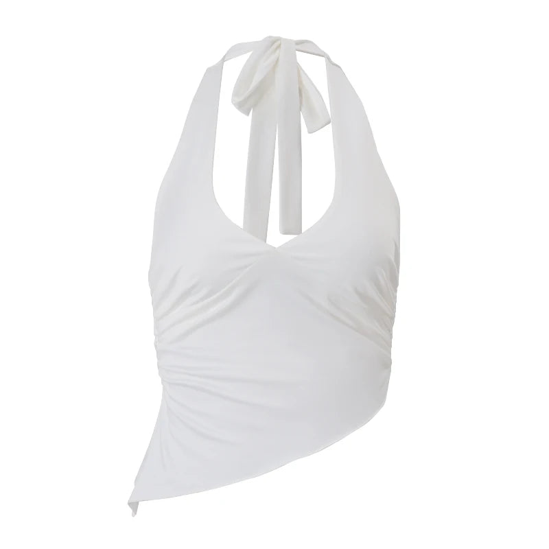 WhereMery Casual Solide Frauen Halter Crop Top Y2K Elegante V-ausschnitt Ärmellose Falten Sommer Tees Formale Streetwear Sportliche Weibliche Weste Festival Outfits | Techno Shirts | Rave Clothing