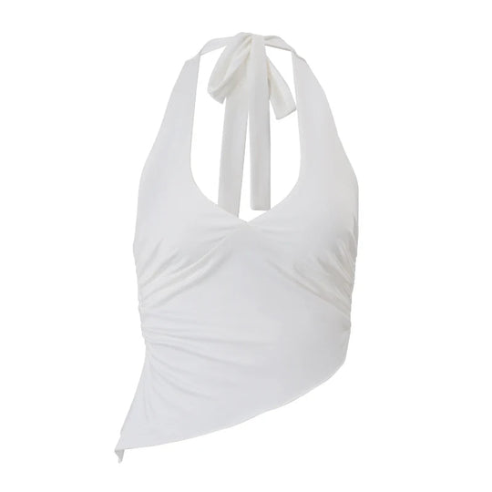 WhereMery Casual Solide Frauen Halter Crop Top Y2K Elegante V-ausschnitt Ärmellose Falten Sommer Tees Formale Streetwear Sportliche Weibliche Weste Festival Outfits | Techno Shirts | Rave Clothing