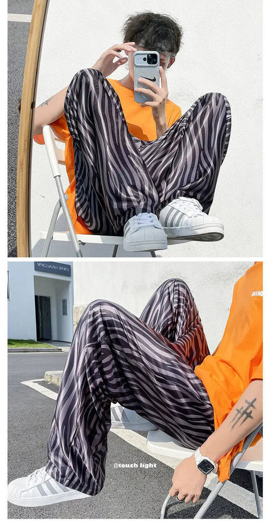 LUZHEN 2025 Sommer Farbe Kontrast Streifen Gedruckt Eis Seide Casual Hosen männer Hohe Qualität Gerade Elastische Taille Hose JY1307 Festival Outfits | Techno Shirts | Rave Clothing