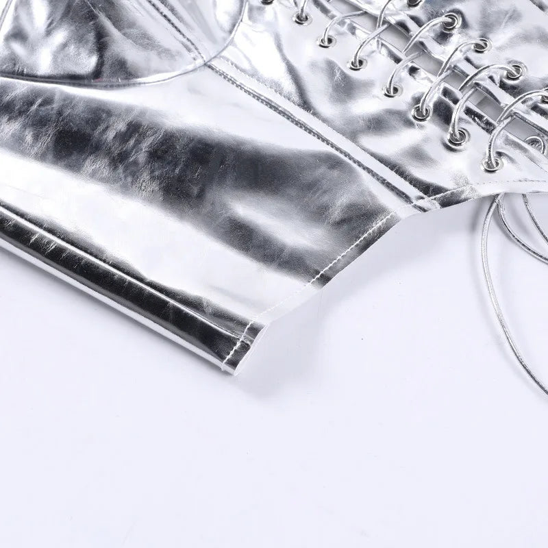 Sexy Frauen Shiny Gold Silber Bustier Crop Tops Helle PU Leder Krone Gürtel Abnehmen Taille Liebsten Low-cut Korsett top Sommer Festival Outfits | Techno Shirts | Rave Clothing