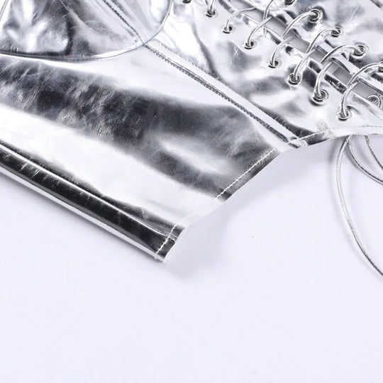 Sexy Frauen Shiny Gold Silber Bustier Crop Tops Helle PU Leder Krone Gürtel Abnehmen Taille Liebsten Low-cut Korsett top Sommer Festival Outfits | Techno Shirts | Rave Clothing