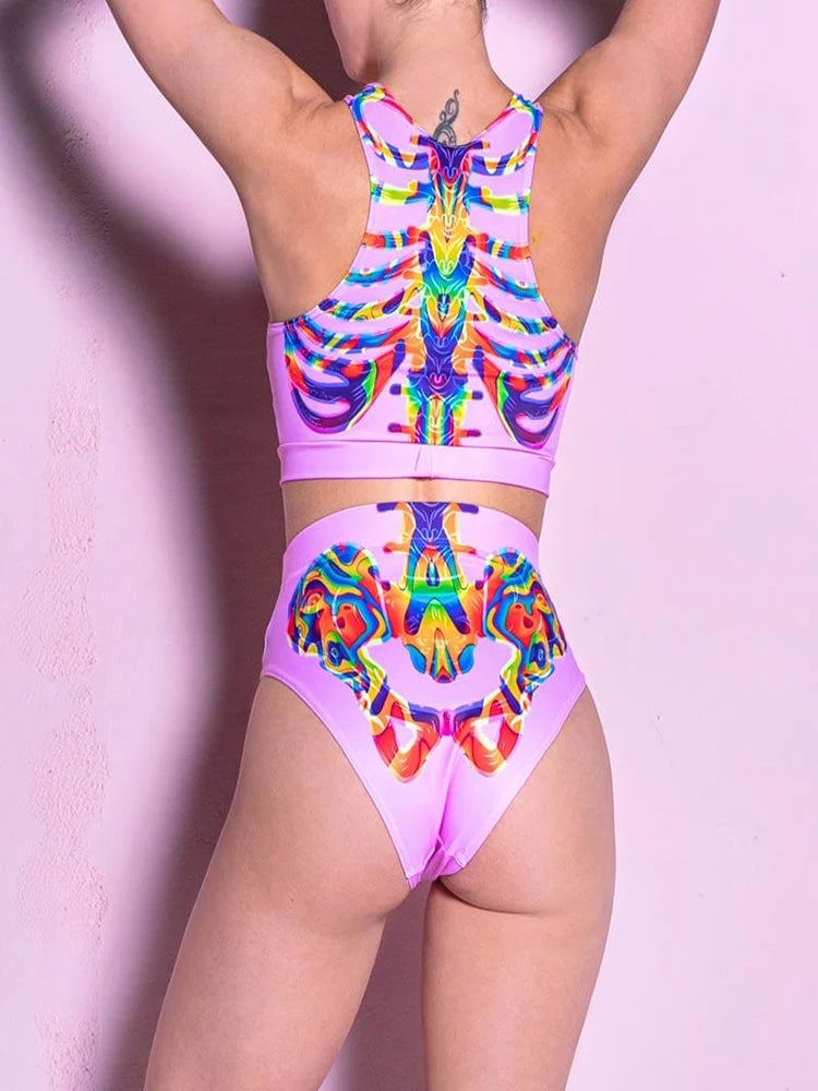 Halloween Schädel drucken Cosplay Kostüm Frauen sexy Schädel Nabel Top Shorts Festival Party bunte psyche delische Dress Up Rave Outfit Festival Outfits | Techno Shirts | Rave Clothing