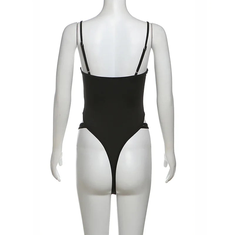 Schwarze Bandage aushöhlen Sexy Cyber Y2k Bodys Gothic Techwear Mesh Patchwork Tops weibliche Handschuh Ärmel Mock Neck Bodysuit Festival Outfits | Techno Shirts | Rave Clothing