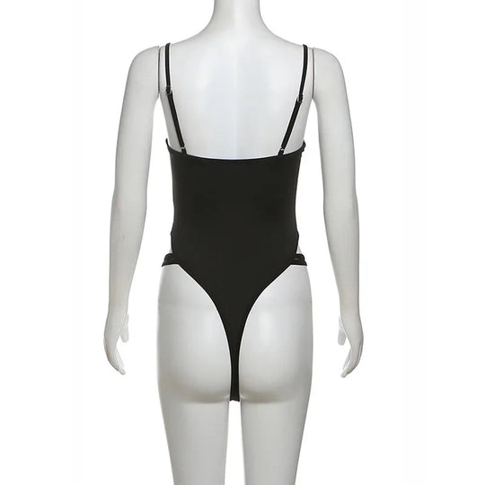 Schwarze Bandage aushöhlen Sexy Cyber Y2k Bodys Gothic Techwear Mesh Patchwork Tops weibliche Handschuh Ärmel Mock Neck Bodysuit Festival Outfits | Techno Shirts | Rave Clothing