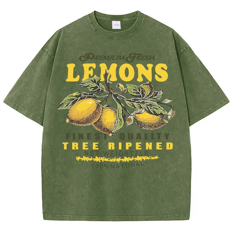 Premium Fresh Lemons Fruit Print Damen Washed T-Shirts Y2K Bequemes, kurzärmliges, lockeres All-Match-T-Shirt aus Baumwolle Hip-Hop-Top Festival Outfits | Techno Shirts | Rave Clothing