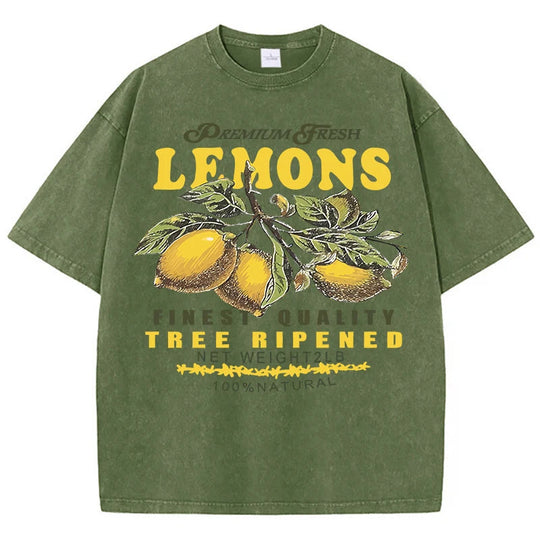Premium Fresh Lemons Fruit Print Damen Washed T-Shirts Y2K Bequemes, kurzärmliges, lockeres All-Match-T-Shirt aus Baumwolle Hip-Hop-Top Festival Outfits | Techno Shirts | Rave Clothing