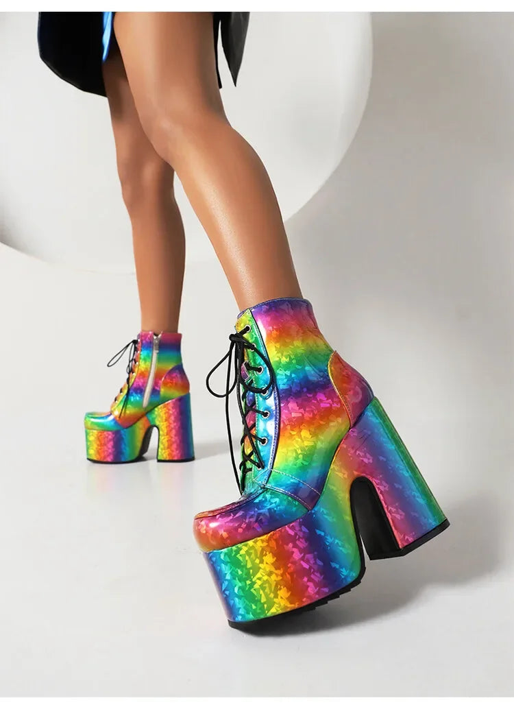 Frauen Regenbogen Stiefel bunte Farbverlauf Schnür plattform Gothic Halloween Fledermaus Schuhe High Heels Winter warme Knöchel Motorrad Stiefel Festival Outfits | Techno Shirts | Rave Clothing