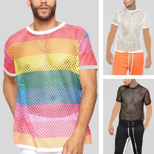 Men Top Clubwear Hollow Out Color Fishnet Block Round Neck Short Sleeves See-through Streetwear Loose Breathable Men Party T-shi Festival Outfits | Techno Shirts | Rave Clothing