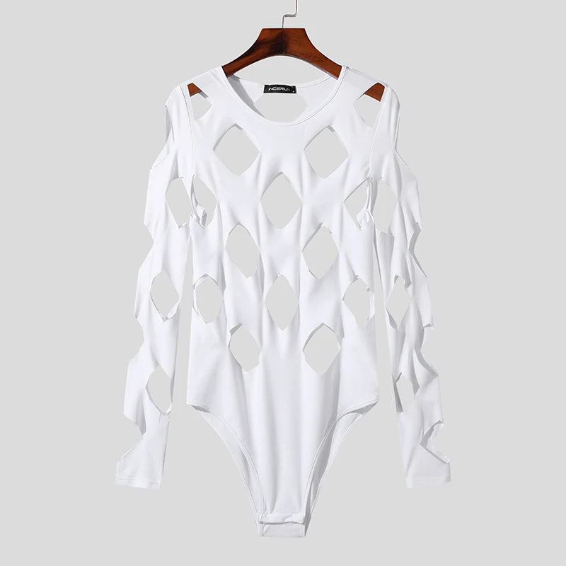INCERUN Men Bodysuits Solid Color Hollow Out Sexy O-neck Long Sleeve Men T Shirts Rompers Streetwear 2024 Fashion Bodysuit S-3XL Festival Outfits | Techno Shirts | Rave Clothing