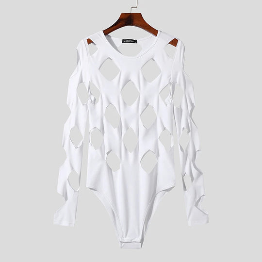 INCERUN Men Bodysuits Solid Color Hollow Out Sexy O-neck Long Sleeve Men T Shirts Rompers Streetwear 2024 Fashion Bodysuit S-3XL Festival Outfits | Techno Shirts | Rave Clothing