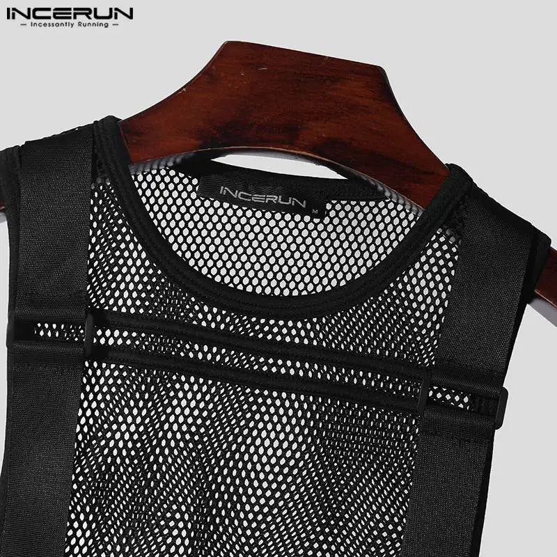 INCERUN Tops 2024 Korean Style Fashion Mens Mesh Hollow Buckle Vests Casual Sexy Male Thin Breathable Sleeveless Tank Tops S-5XL Festival Outfits | Techno Shirts | Rave Clothing