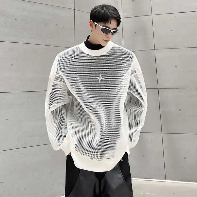 LUZHEN 2025 Frühling High Street Perspektive Original Mesh Design Pullover Herrenmode Metall Schnalle Schmücken Casual Tops LZ3027 Festival Outfits | Techno Shirts | Rave Clothing