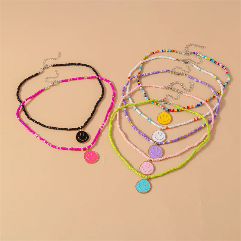 Mode Bunte Lächeln Gesicht Anhänger Halskette für Frauen Handgemachte Perlen Halskette Mädchen Party Festival Schmuck Geschenke Festival Outfits | Techno Shirts | Rave Clothing