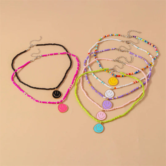 Mode Bunte Lächeln Gesicht Anhänger Halskette für Frauen Handgemachte Perlen Halskette Mädchen Party Festival Schmuck Geschenke Festival Outfits | Techno Shirts | Rave Clothing