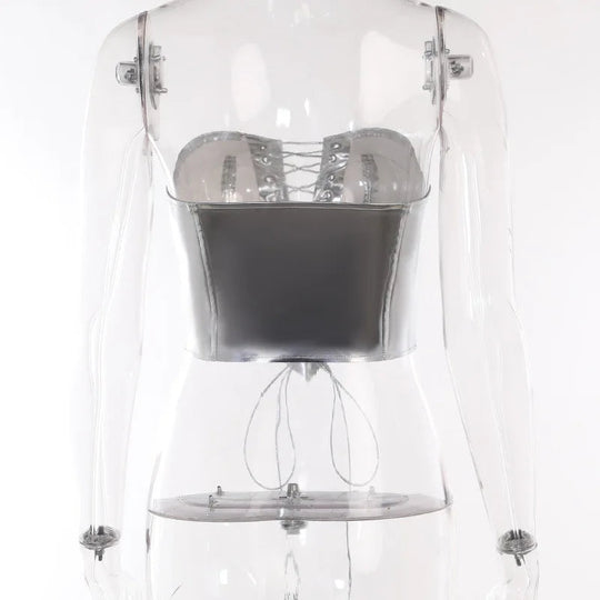 Sexy Frauen Shiny Gold Silber Bustier Crop Tops Helle PU Leder Krone Gürtel Abnehmen Taille Liebsten Low-cut Korsett top Sommer Festival Outfits | Techno Shirts | Rave Clothing