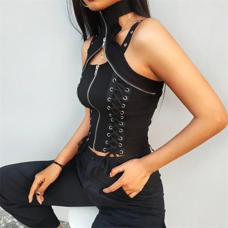 Y2k dunkle Punk Gothic Korsett Weste Frauen hohe Taille Bandage Ernte Tanktops Streetwear Emo Alt Harajuku Halfter Rave Outfits Festival Outfits | Techno Shirts | Rave Clothing