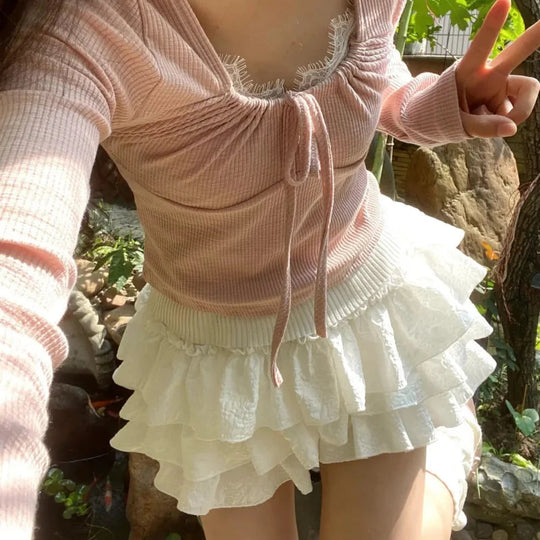 Kawaii Lolita Rock Shorts Frauen Sommer Rüschen Patchwork Layered Hohe Taille Nette Balletcore Mini Rock Tutu Petticoat Festival Outfits | Techno Shirts | Rave Clothing