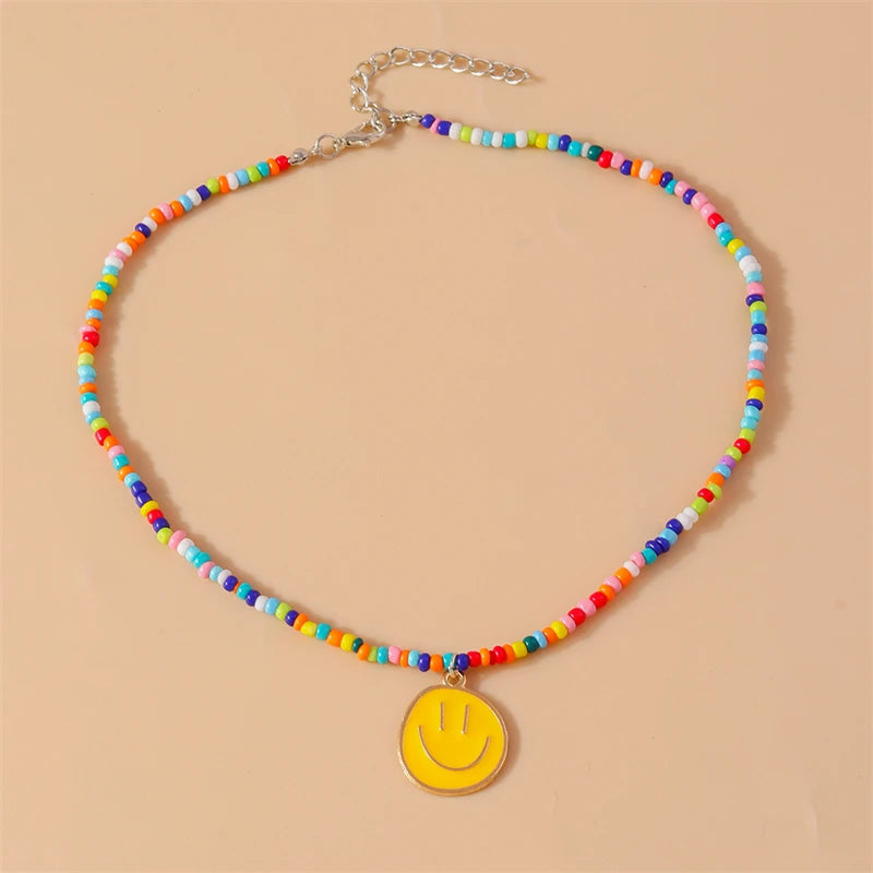 Mode Bunte Lächeln Gesicht Anhänger Halskette für Frauen Handgemachte Perlen Halskette Mädchen Party Festival Schmuck Geschenke Festival Outfits | Techno Shirts | Rave Clothing