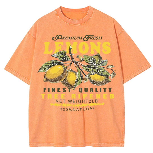 Premium Fresh Lemons Fruit Print Damen Washed T-Shirts Y2K Bequemes, kurzärmliges, lockeres All-Match-T-Shirt aus Baumwolle Hip-Hop-Top Festival Outfits | Techno Shirts | Rave Clothing