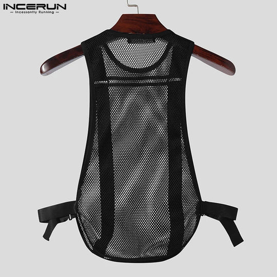 INCERUN Tops 2024 Korean Style Fashion Mens Mesh Hollow Buckle Vests Casual Sexy Male Thin Breathable Sleeveless Tank Tops S-5XL Festival Outfits | Techno Shirts | Rave Clothing