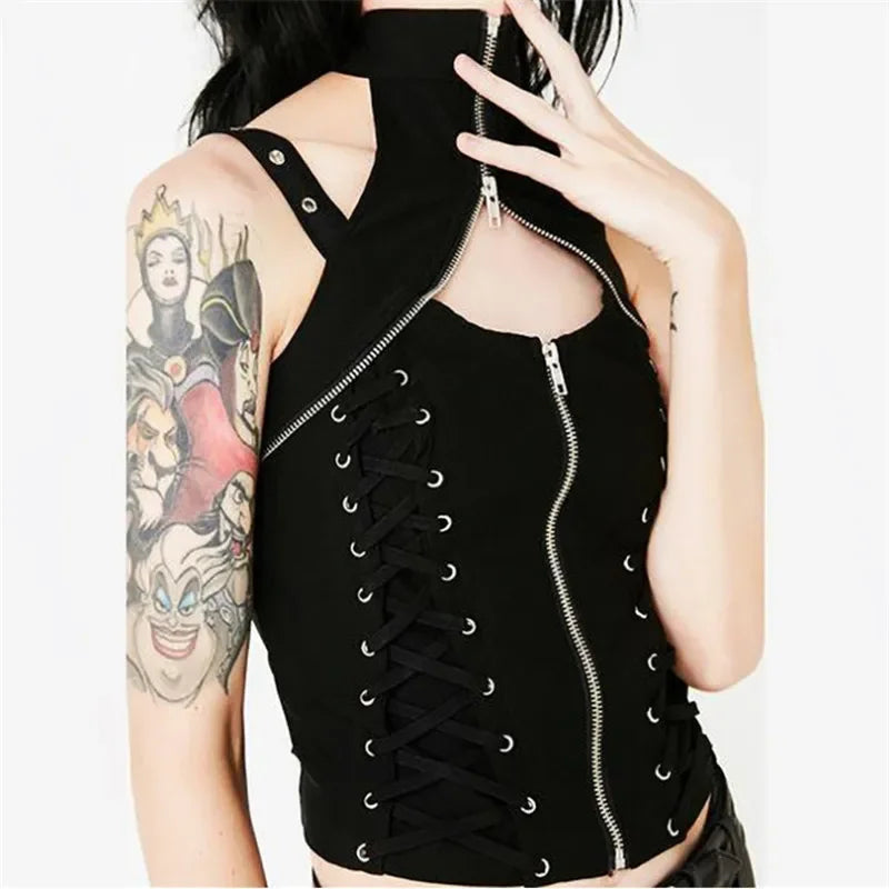 Y2k dunkle Punk Gothic Korsett Weste Frauen hohe Taille Bandage Ernte Tanktops Streetwear Emo Alt Harajuku Halfter Rave Outfits Festival Outfits | Techno Shirts | Rave Clothing
