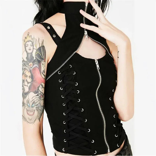 Y2k dunkle Punk Gothic Korsett Weste Frauen hohe Taille Bandage Ernte Tanktops Streetwear Emo Alt Harajuku Halfter Rave Outfits Festival Outfits | Techno Shirts | Rave Clothing