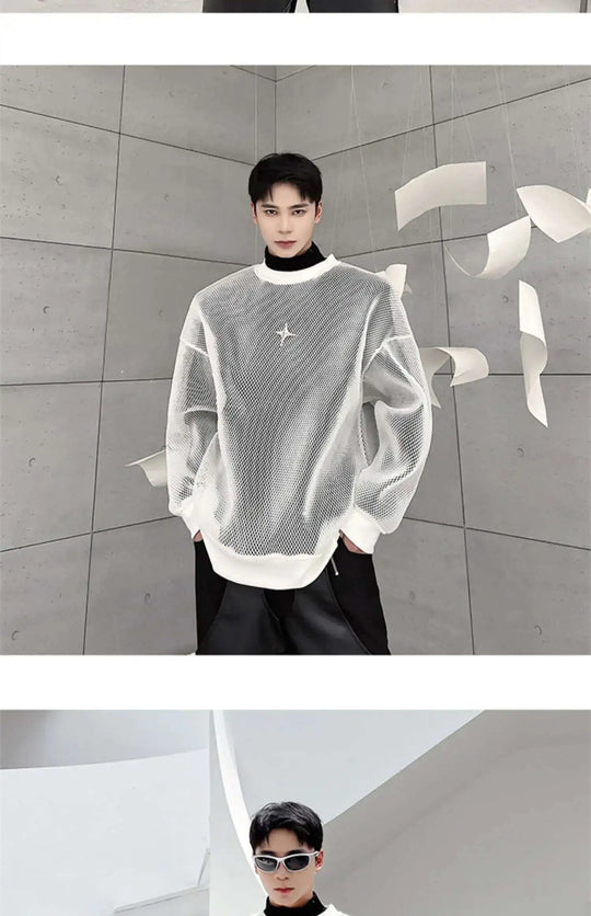 LUZHEN 2025 Frühling High Street Perspektive Original Mesh Design Pullover Herrenmode Metall Schnalle Schmücken Casual Tops LZ3027 Festival Outfits | Techno Shirts | Rave Clothing