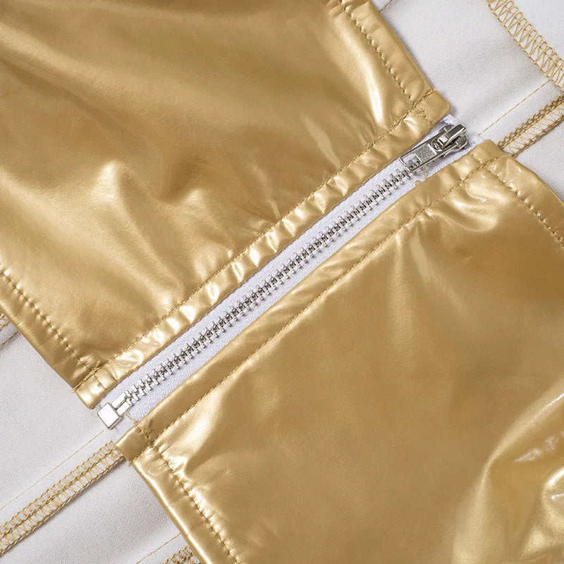 Sexy Frauen Shiny Gold Silber Bustier Crop Tops Helle PU Leder Krone Gürtel Abnehmen Taille Liebsten Low-cut Korsett top Sommer Festival Outfits | Techno Shirts | Rave Clothing