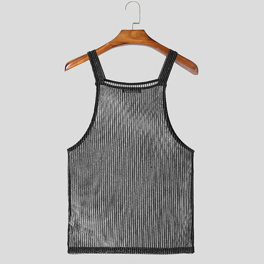 INCERUN Tops 2025 American Style Fashion Men Sparkling Fabric Stripe Perspective Mesh Vests Casual Clubwear Male Thin Tank Tops Festival Outfits | Techno Shirts | Rave Clothing