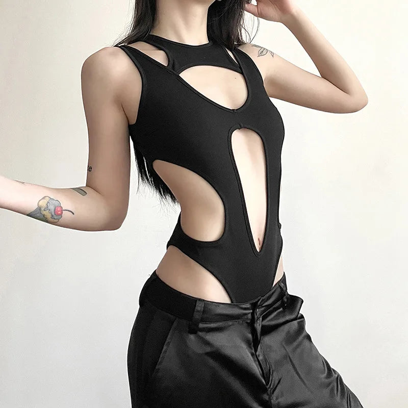 Mall Gothic Hollow Out Sexy Bodys Techwear Fashion Y2k Patchwork Tops Damen Grunge Rückenfrei High Cut Slim Bodysuit Festival Outfits | Techno Shirts | Rave Clothing
