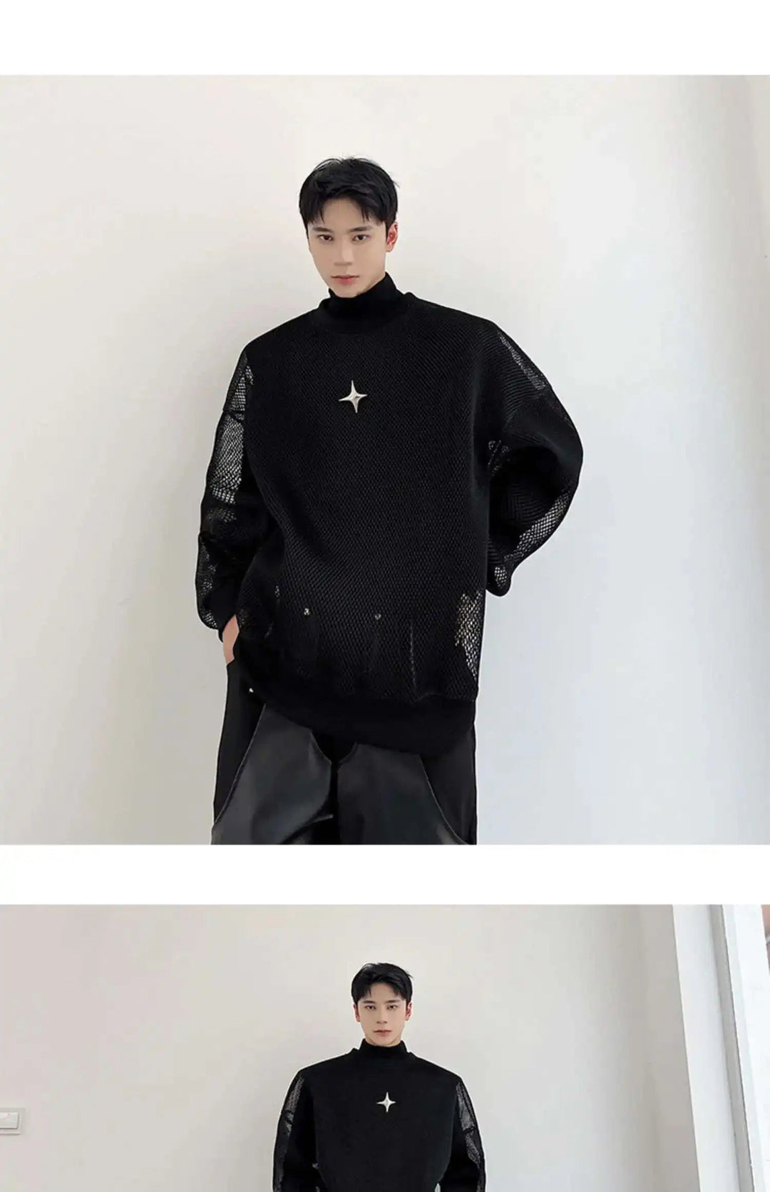 LUZHEN 2025 Frühling High Street Perspektive Original Mesh Design Pullover Herrenmode Metall Schnalle Schmücken Casual Tops LZ3027 Festival Outfits | Techno Shirts | Rave Clothing