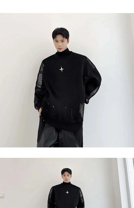 LUZHEN 2025 Frühling High Street Perspektive Original Mesh Design Pullover Herrenmode Metall Schnalle Schmücken Casual Tops LZ3027 Festival Outfits | Techno Shirts | Rave Clothing