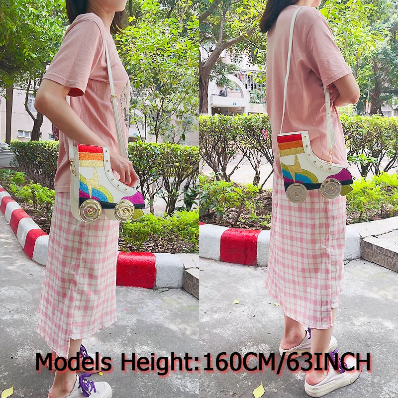 Fun Rainbow Glitter Roller Skate Women Handbag for Girls Novelty Rollerblade Crossbody and Pures Dazzing Daily Shoulder Bag Gift Festival Outfits | Techno Shirts | Rave Clothing