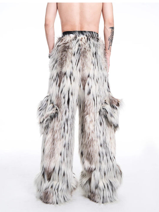 Mauroicardi Herbst Winter Lange Bunte Dicke Warme Haarige Flauschigen Faux Pelz Breite Bein Hosen Männer Taschen Runway Fashion Streetwear Festival Outfits | Techno Shirts | Rave Clothing