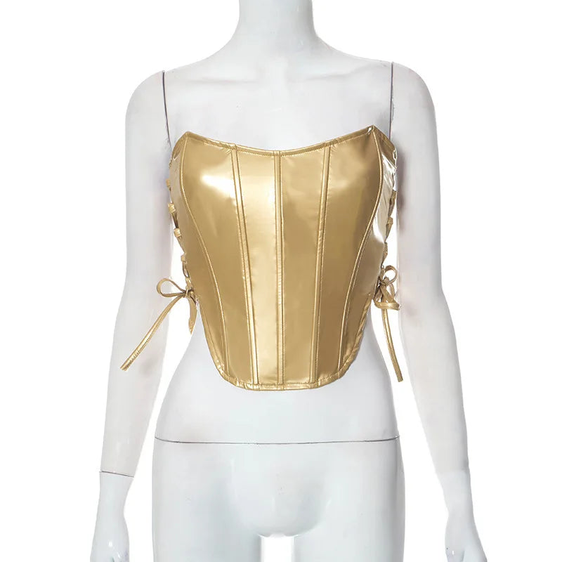 Sexy Frauen Shiny Gold Silber Bustier Crop Tops Helle PU Leder Krone Gürtel Abnehmen Taille Liebsten Low-cut Korsett top Sommer Festival Outfits | Techno Shirts | Rave Clothing
