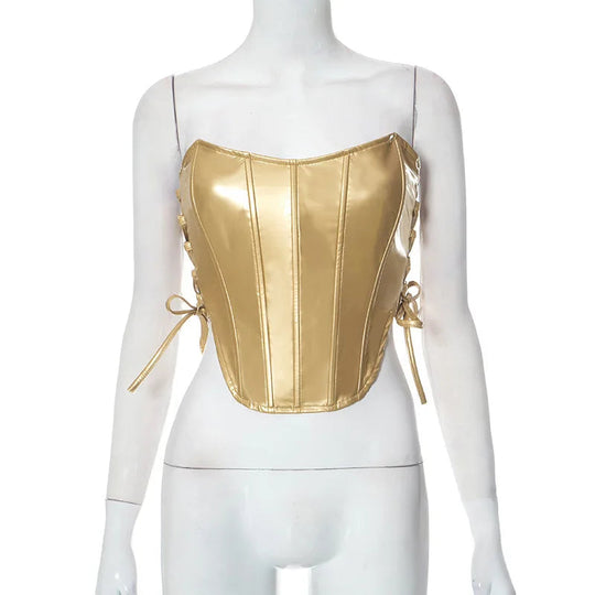 Sexy Frauen Shiny Gold Silber Bustier Crop Tops Helle PU Leder Krone Gürtel Abnehmen Taille Liebsten Low-cut Korsett top Sommer Festival Outfits | Techno Shirts | Rave Clothing