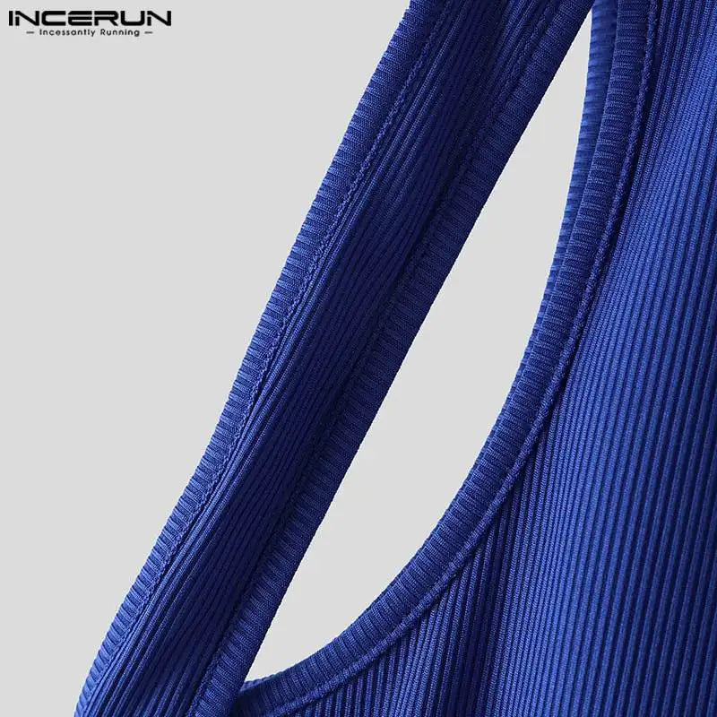 Incerun Tops 2024 koreanischen Stil Männer Schulter gurt Design sexy elastische Westen lässig gut sitzende solide ärmellose Weste S-5XL Festival Outfits | Techno Shirts | Rave Clothing