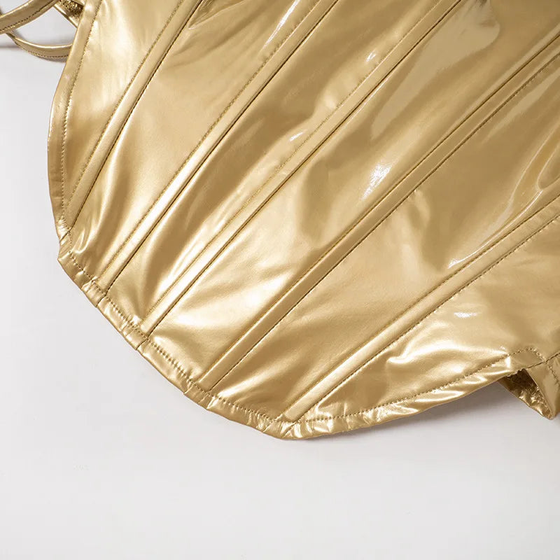 Sexy Frauen Shiny Gold Silber Bustier Crop Tops Helle PU Leder Krone Gürtel Abnehmen Taille Liebsten Low-cut Korsett top Sommer Festival Outfits | Techno Shirts | Rave Clothing