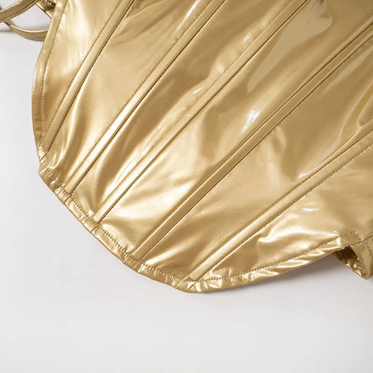 Sexy Frauen Shiny Gold Silber Bustier Crop Tops Helle PU Leder Krone Gürtel Abnehmen Taille Liebsten Low-cut Korsett top Sommer Festival Outfits | Techno Shirts | Rave Clothing