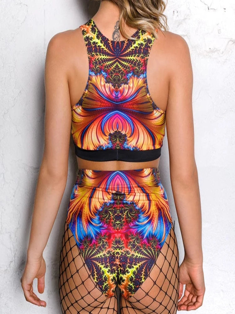 Halloween Schädel drucken Cosplay Kostüm Frauen sexy Schädel Nabel Top Shorts Festival Party bunte psyche delische Dress Up Rave Outfit Festival Outfits | Techno Shirts | Rave Clothing
