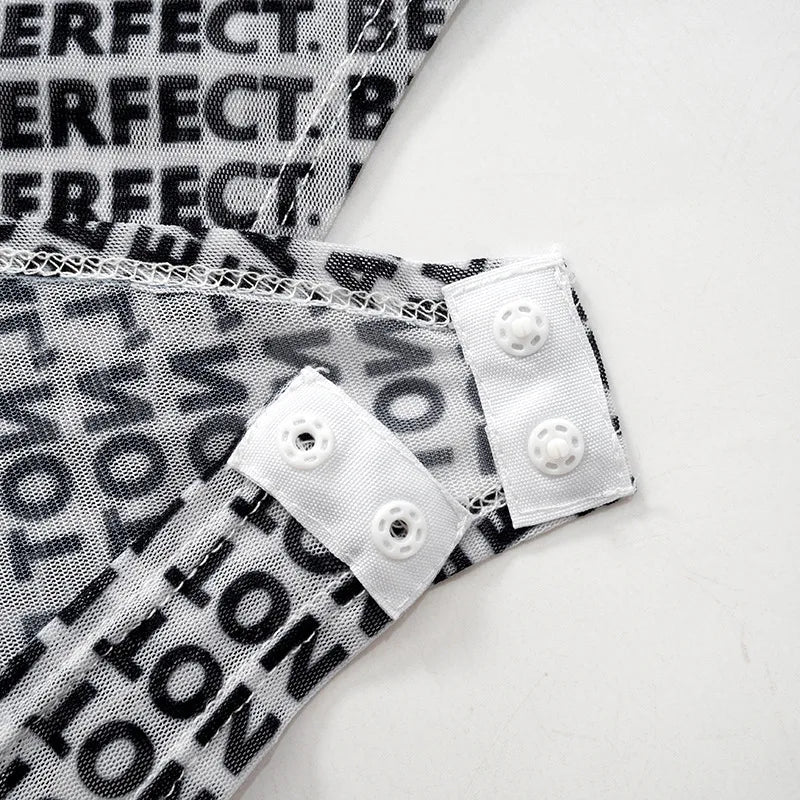 Shestyle Brief Gedruckt Mesh Transparent Bodystui Frauen Getäfelten Zeitung Langarm Rundhals T-Shirts Tanga Schöne Heiße Festival Outfits | Techno Shirts | Rave Clothing